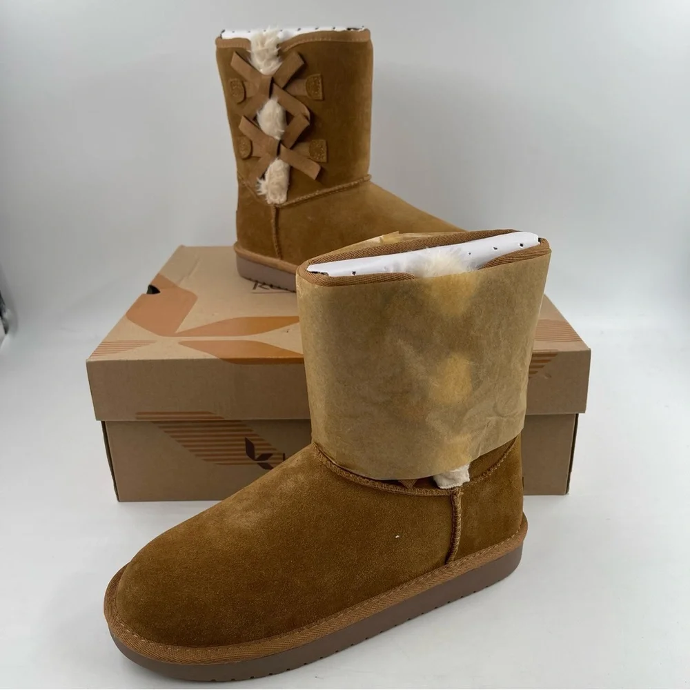 NIB! 🥾 Koolaburra Girls Victoria Short Chestnut Bow Detail Boots - Size 5.5